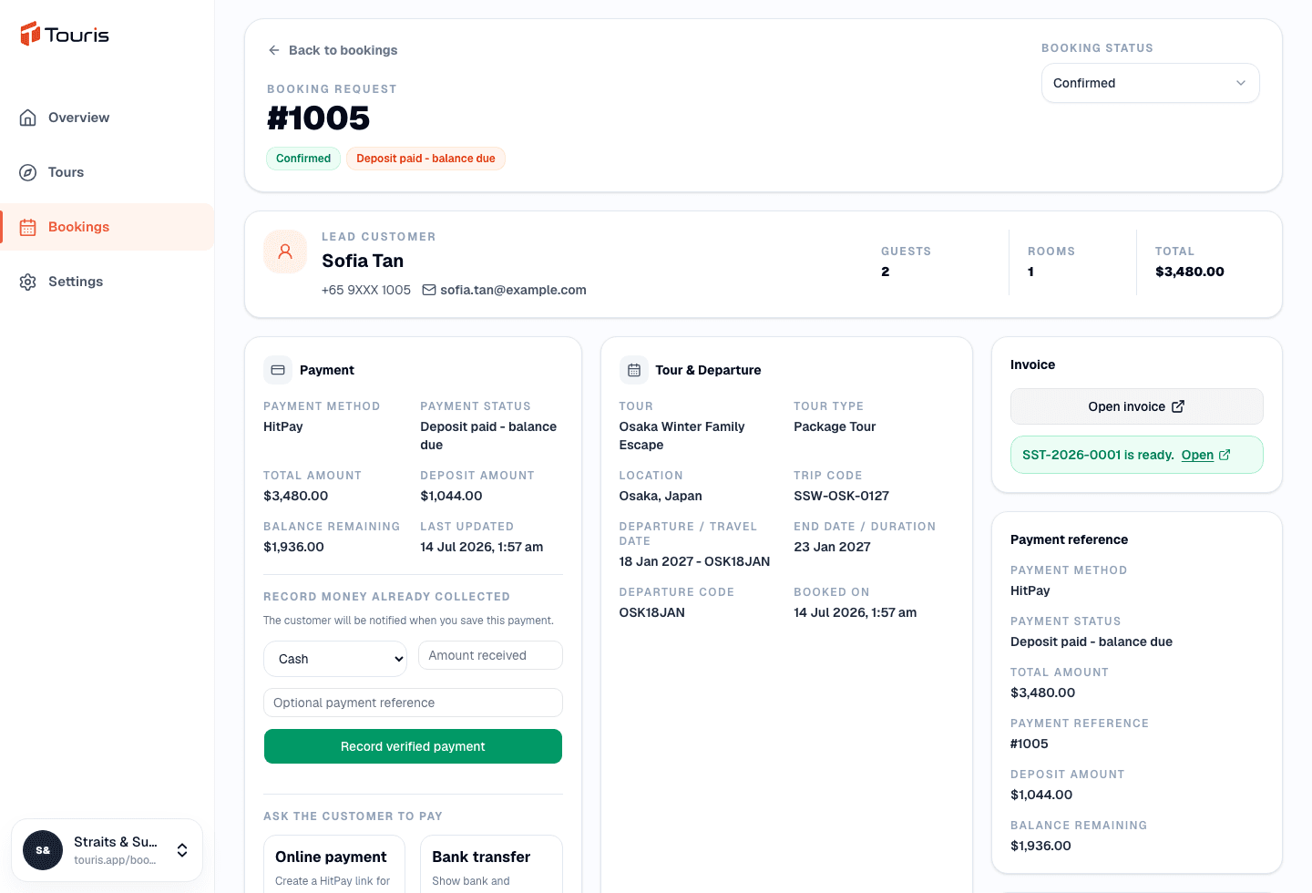 Booking management workspace showing payment history and outstanding balance