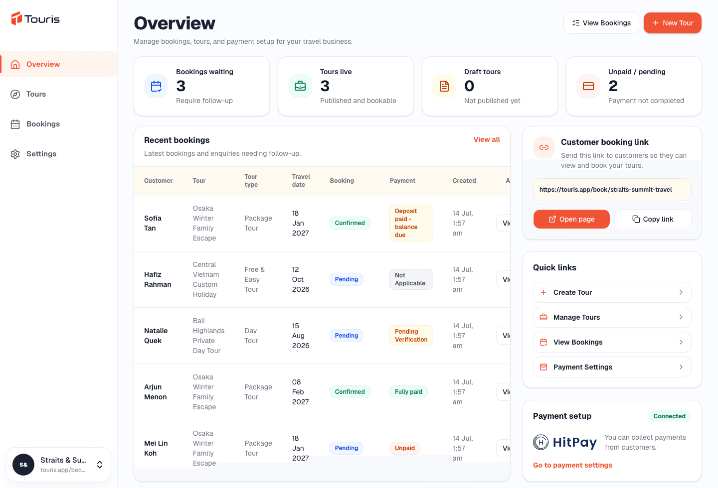 Touris booking management dashboard